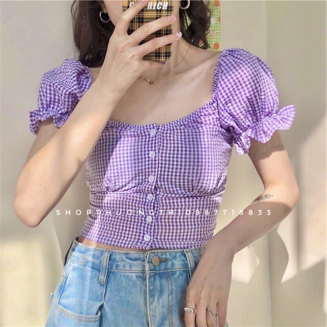 [ẢNH CHỤP THẬT] Áo croptop kẻ caro ulzzang -Áo kiểu nữ cá tính