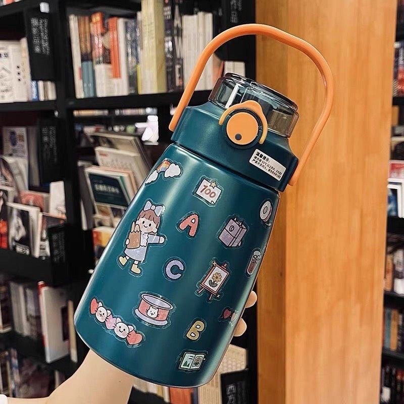 Bình nước giữ nhiệt 800ml , bình giữ nhiệt cute có ống hút, inox 304 cao cấp không rỉ tặng kèm sticker