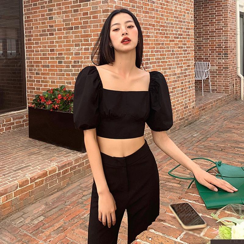 Áo crop top chiffon tay ngắn cổ vuông màu trơn phong cách Hàn Quốc thời trang cho