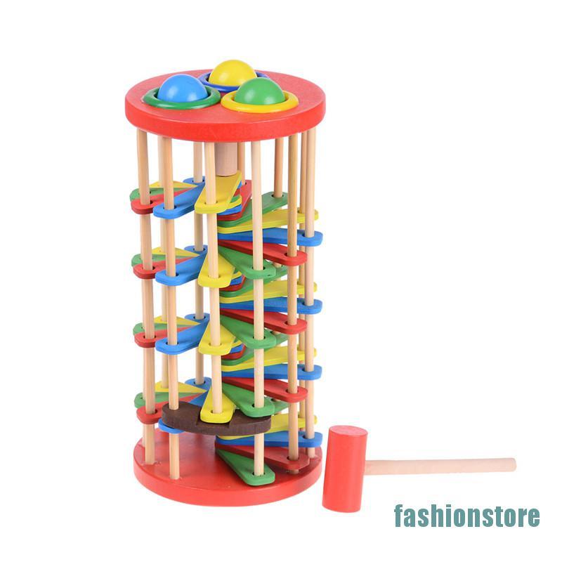 [fashionstore]Pound And Roll Wooden Tower With Hammer Knock The Ball Roll Off Ladder Kids Toy 0 0 0 0 0