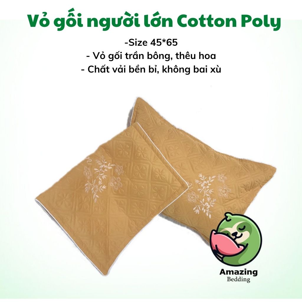 1 đôi Vỏ ( áo) gối cotton poly trần bông size 45-65cm thêu hoa.