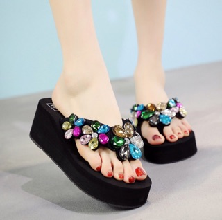 (ORDER) Dép xỏ ngón đế bánh mì đính hoa đá 6 cm, hàng cao cấp