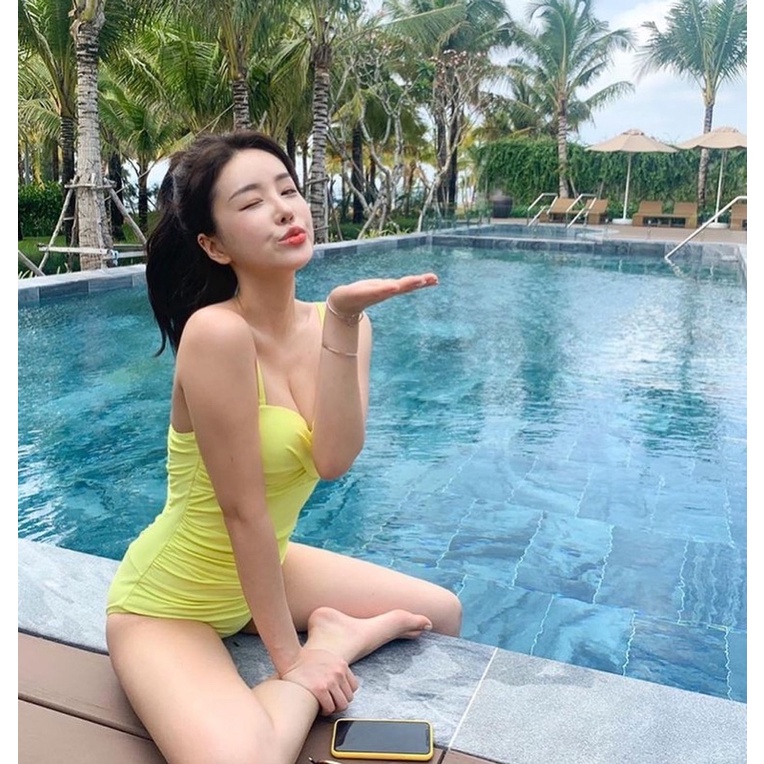 Bikini Hàn Quốc màu vàng neon siêu phẩm đồ bơi một mảnh nổi bật, áo gọng mút nâng ngực, nhún che bụng đồ bơi, đi biển