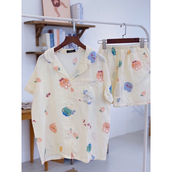 Bộ pijama Xô nhật sợi tre bộ ngủ nữ bộ mặc nhà dễ thương đồ bộ nữ chất siêu mát vải xô sợi tre tay cộc quần cộc