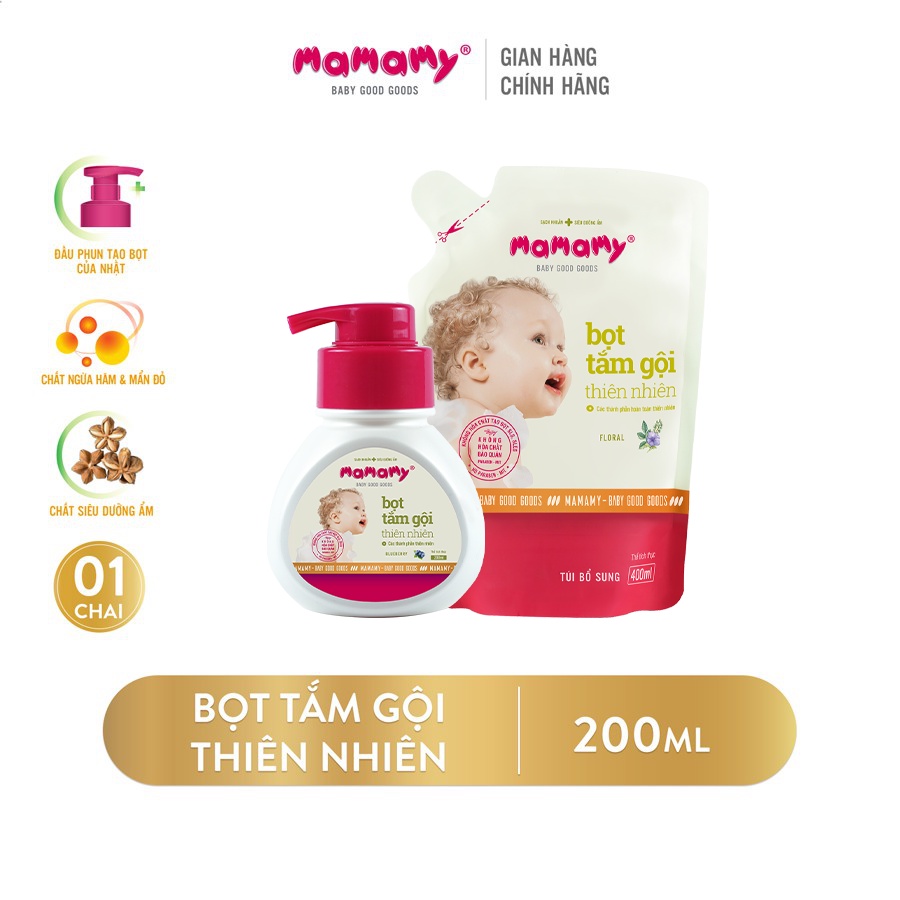 Chai bọt tắm gội và túi bố sung thiên nhiên siêu kháng khuẩn dưỡng ẩm Mamamy Blueberry/Fancy/Floral/Rashberry 200ml