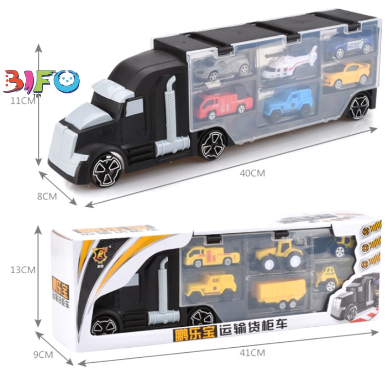 Hộp đồ chơi xe Container vận chuyển ô tô và trực thăng (6 chiếc) dành cho bé