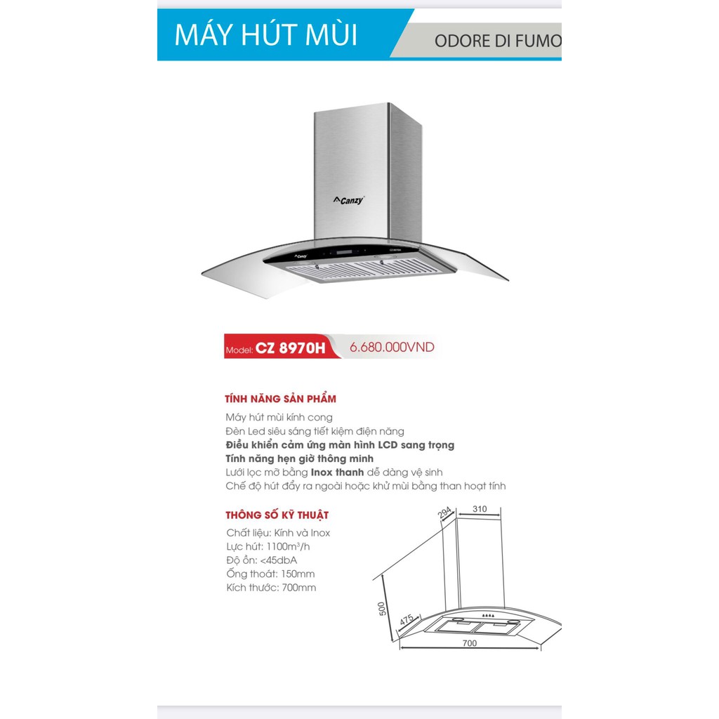 [Mã ELHAMS5 giảm 6% đơn 300K] Máy hút mùi Canzy CZ8970-70cm cảm ứng 1100m3/h - động cơ siêu êm