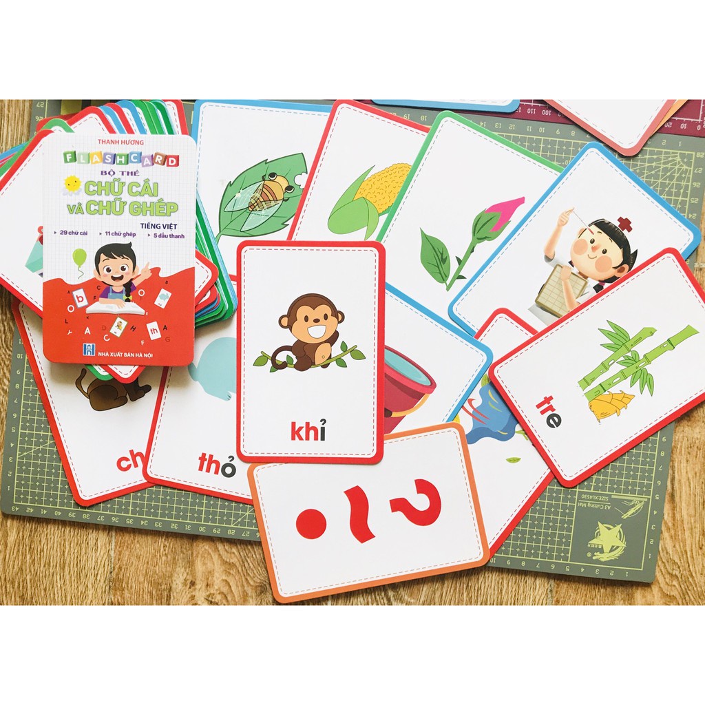 Bộ 42 Thẻ CHỮ CÁI và CHỮ GHÉP Tiếng Việt - size TO có hình minh họa sinh động cho bé