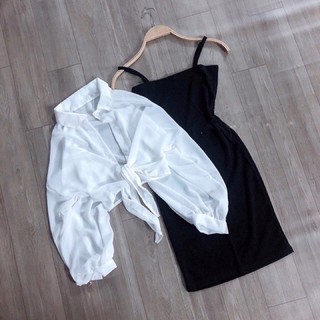 Set áo sơ mi voan mỏng cột nơ eo phối váy body 2 dây