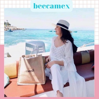 Túi cói đi biển merci phong cách vintage