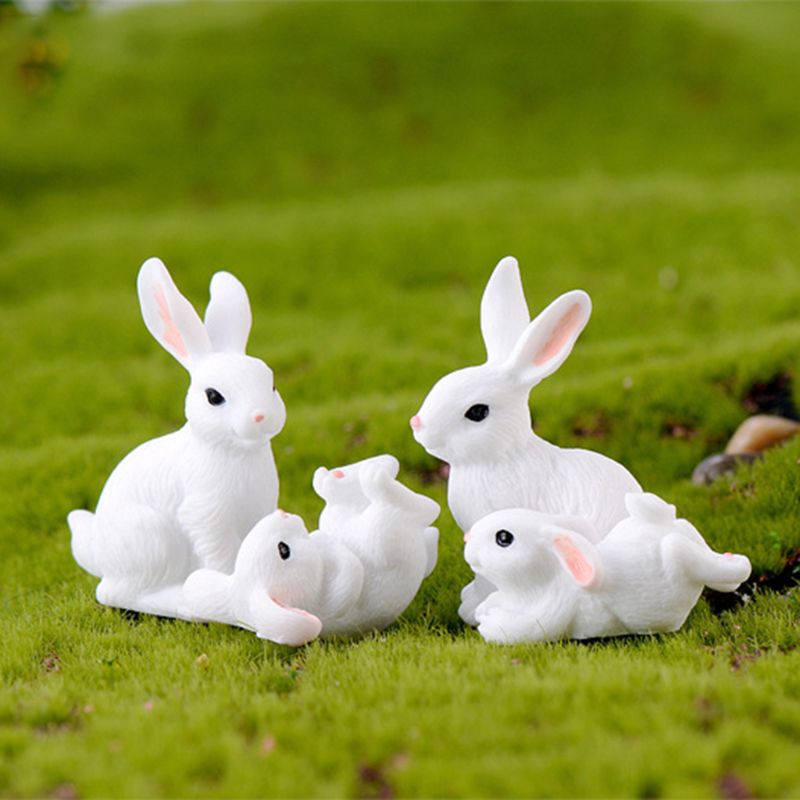 Set 4 Mô Hình Thỏ Trắng Mini Trang Trí Sân Vườn