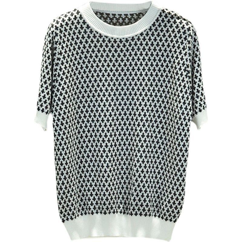 Áo Thun Dệt Kim Lụa Lạnh Họa Tiết Houndstooth Cá Tính 152301 Áo Thun Tay Ngắn Cổ Tròn Thời Trang Mùa Hè