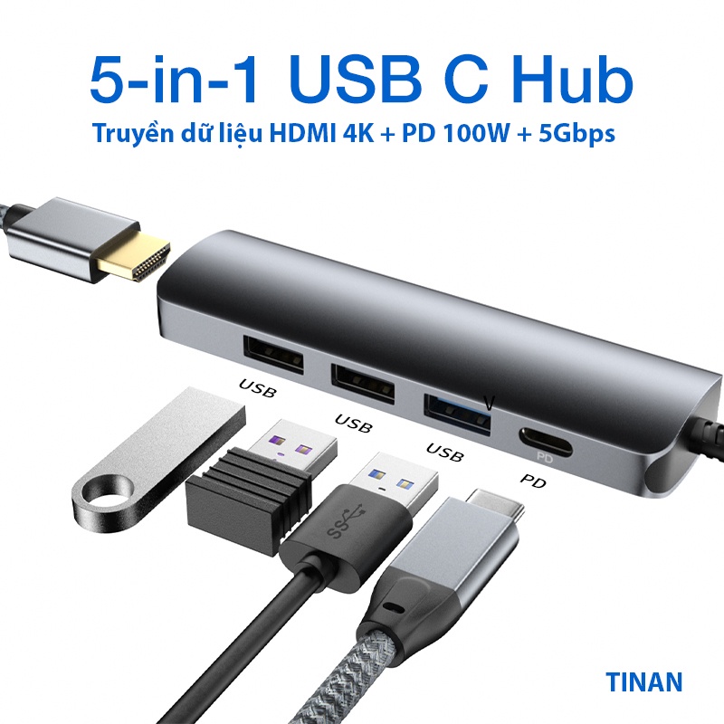 Bộ Adapter Chuyển Đổi TypeC Sang HDMI 4K/ USB/ PD100W, Dùng Cho Máy Tính, Điện Thoại