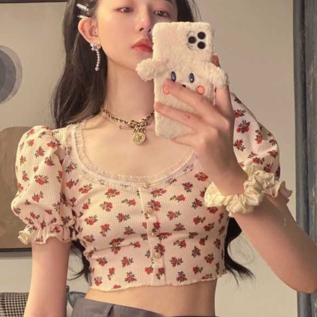 Áo kiểu crop top NZN tay ngắn phồng cổ vuông in họa tiết hoa phong cách Hàn Quốc cổ điển thời trang dành cho nữ