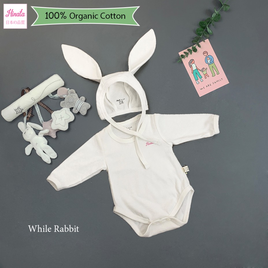 Bộ bodysuit tay dài, kèm nón thỏ - 100% Organic Cotton - Bunny Hat BF05 - Thương hiệu Hinata Nhật