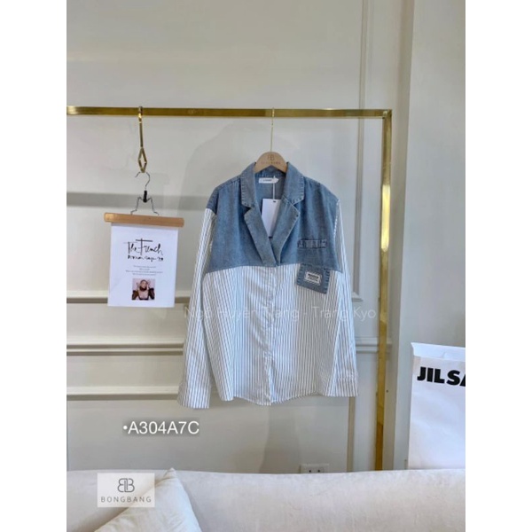 Áo Sơ Mi Sọc Tay Dài Áo Jeans QC Cổ Vest Thêu Logo Dáng dài Form Rộng Giấu Quần