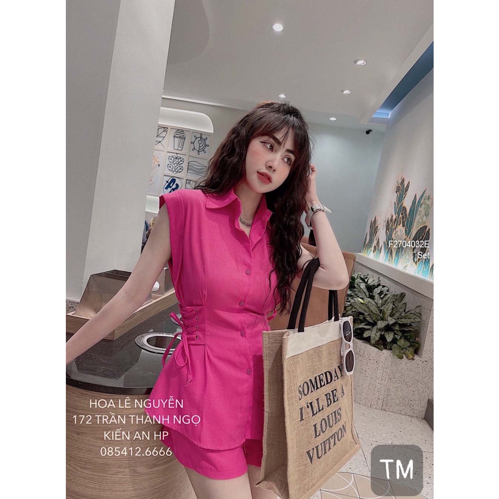 Set 2 món áo sơ mi đan dây hai bên eo sát nách phối quần short!