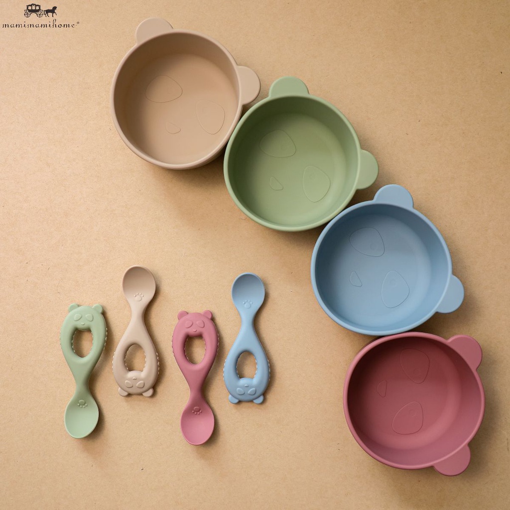 1Set  bộ đồ ăn MAMIMAMIHOME gồm muỗng và bát giữ nhiệt hình gấu trúc không chứa BPA cho trẻ em