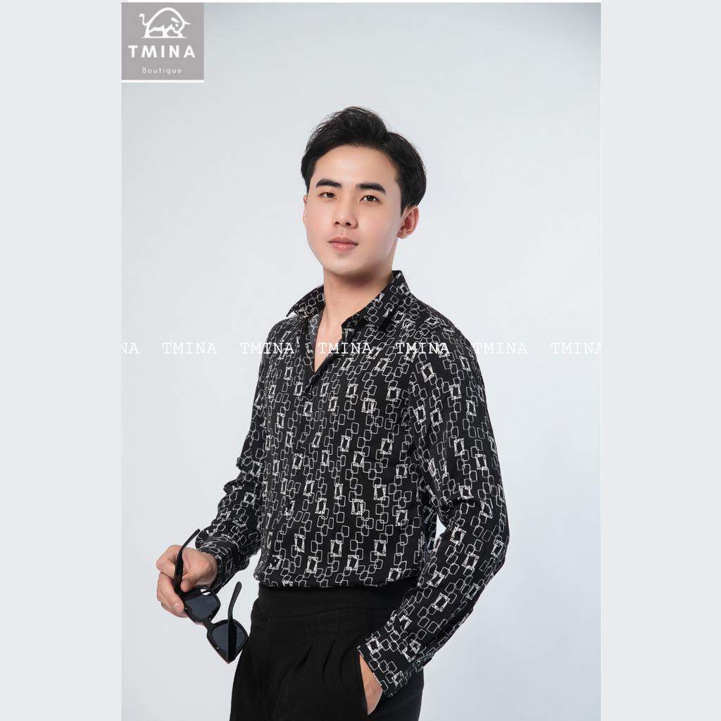 Áo sơ mi họa tiết vải lụa nam tay dài thoáng mát, không nhăn TMINA SMD09
