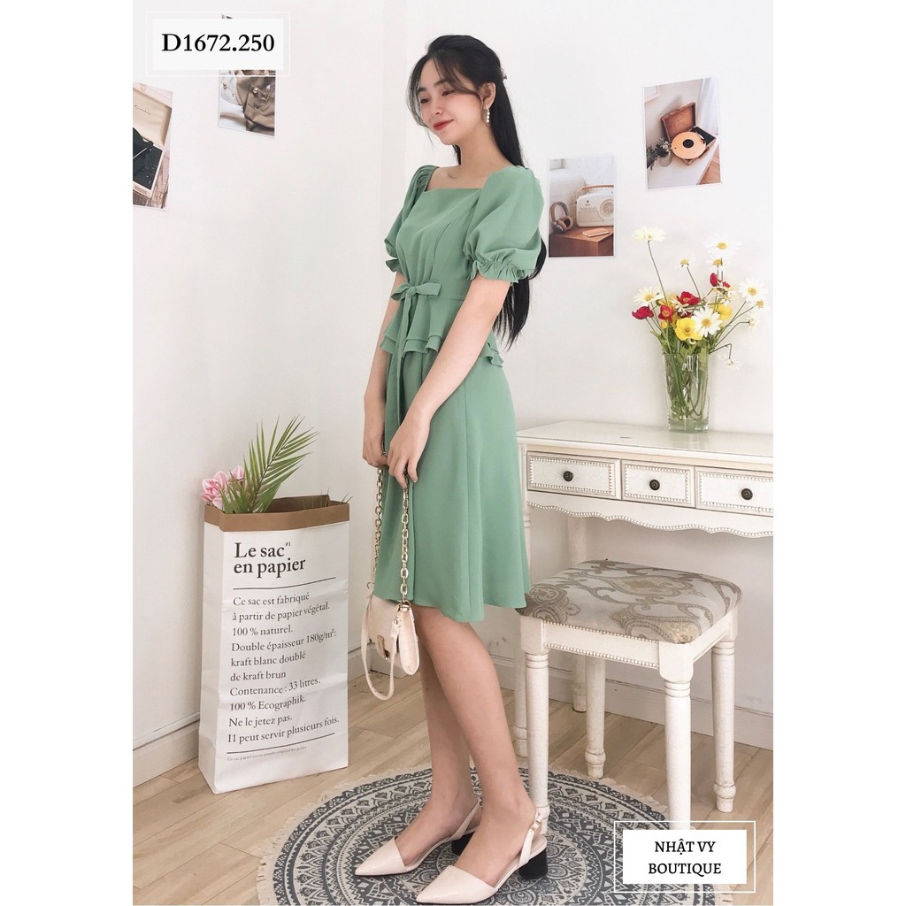 ĐẦM CỔ VUÔNG PHỐI EO 2 LỚP BÈO - D1672 | BigBuy360 - bigbuy360.vn