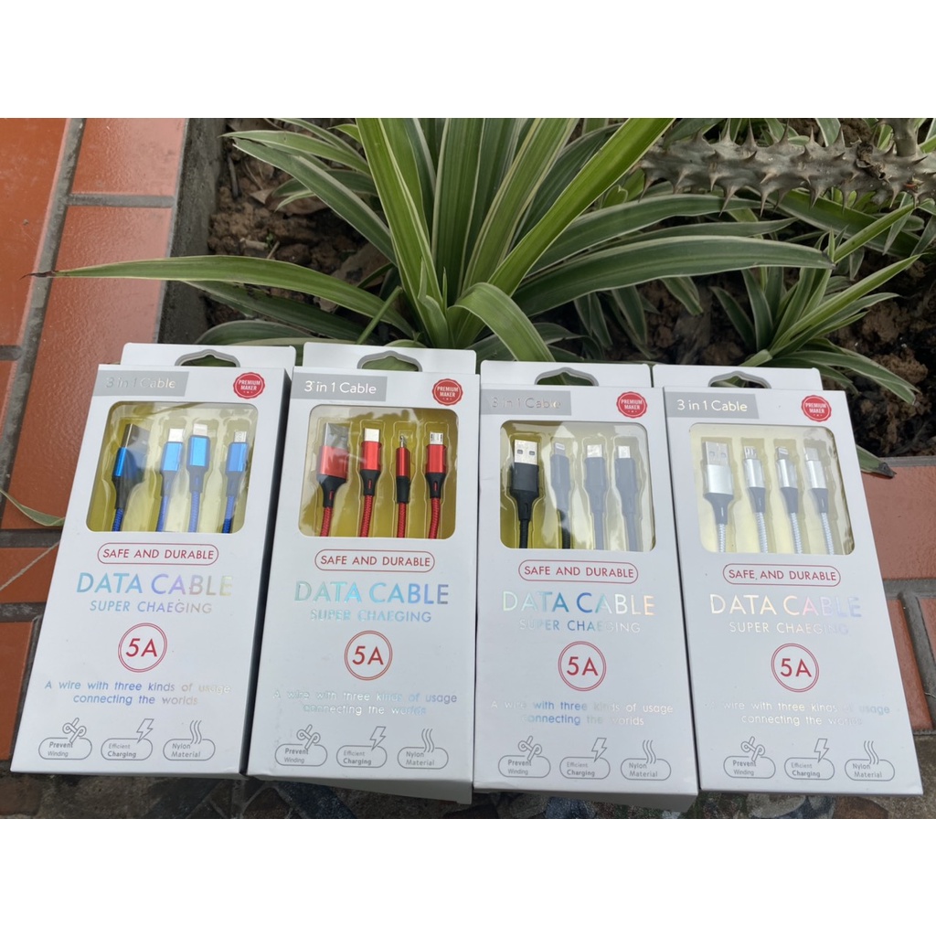Cáp Sạc Nhanh 3 Đầu 5A (3 in 1 Cable) Bọc Dù Siêu Bền Sạc Nhanh Chống Xoắn Gãy Gập Dây Cáp