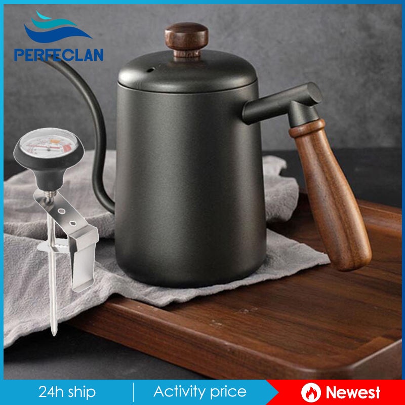 Ấm Đun Nước Bằng Thép Không Gỉ Cổ Ngỗng 600ml Với Nhiệt Kế Hẹp Dài