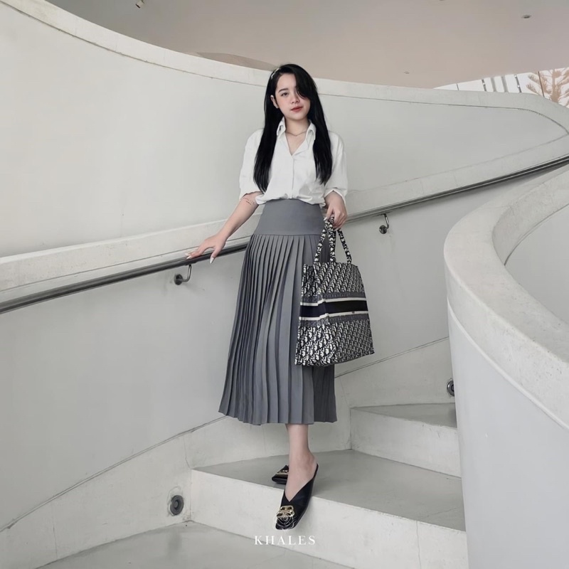 CV218 - Chân váy dập ly LINH RUBI STORE  dáng xòe dài lưng cao chất tuyết mưa cao cấp
