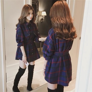 Áo váy sơ mi thắt eo nữ sọc kẻ