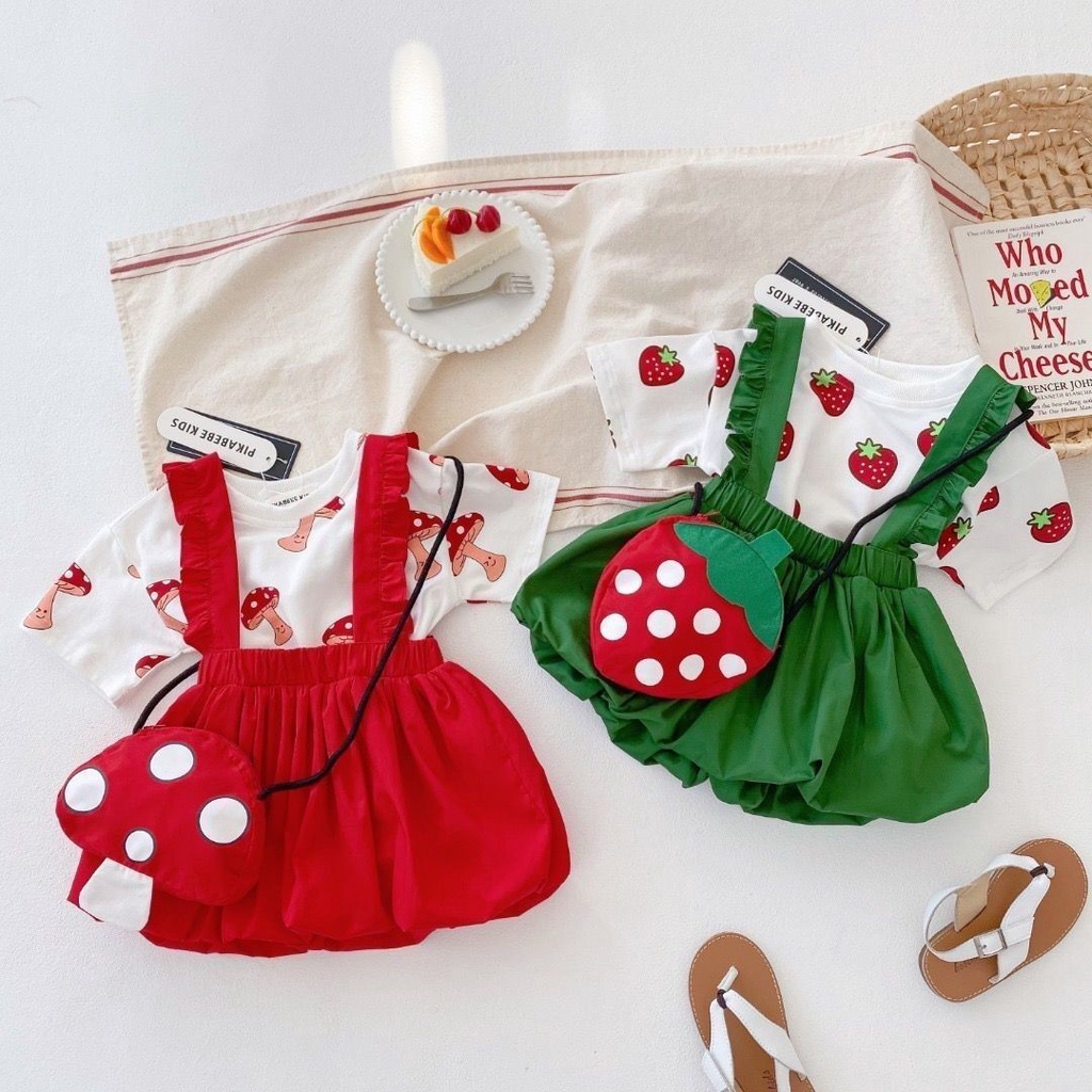Bộ Áo Thun Ngắn Tay In Họa Tiết Trái Cây + Chân Váy Yếm Thời Trang Mùa Hè Dễ Thương Dành Cho Bé Gái 2022