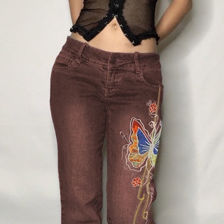 Quần ống loe denim cạp thấp thêu
