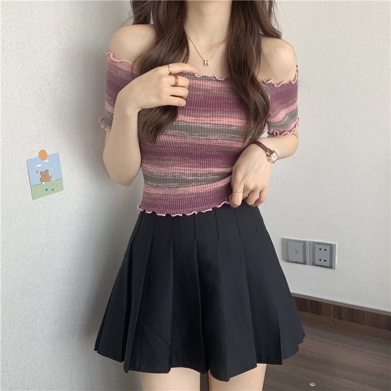 áo len thun trễ vai phối màu trẻ trung (45610#)