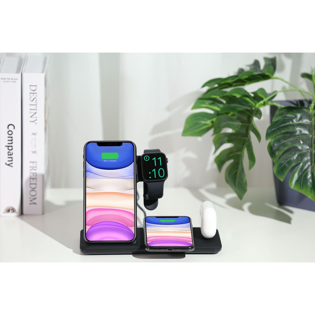 Đế sạc không dây đa năng 4 in 1 công suất 15W - sạc không dây các dòng iPhone, Apple Watch, Airpod, Samsung, xiaomi