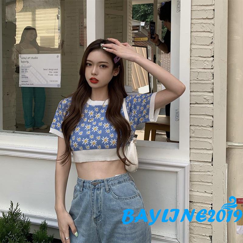 Áo Dệt Kim Tay Phồng Cổ Tròn In Họa Tiết Hoa Cúc Sáng Tạo Thời Trang Mùa Hè Cho Nữ