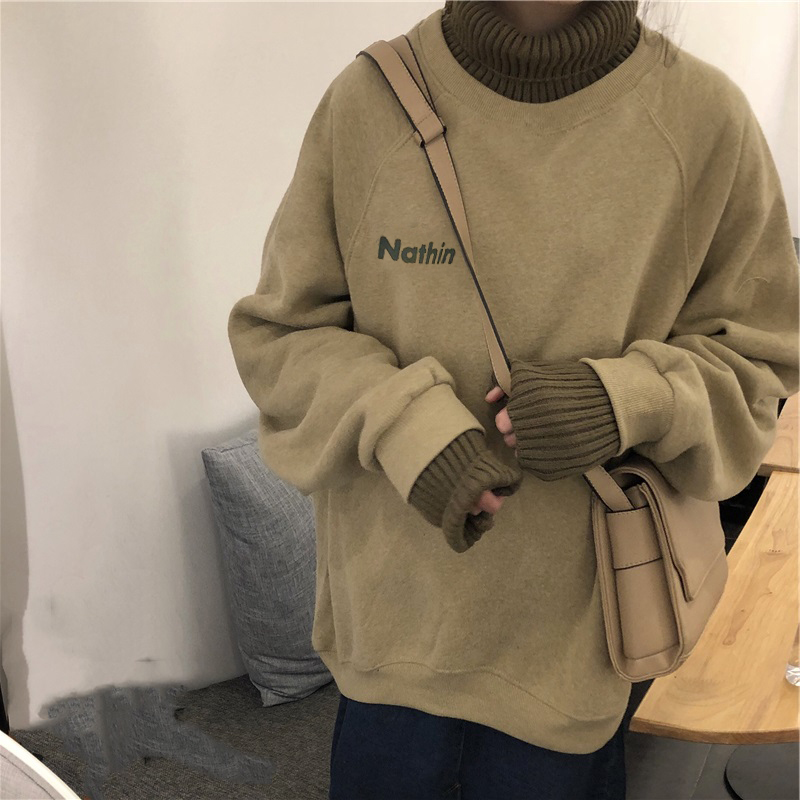 Áo sweater tay dài form rộng cổ cao thời trang mùa thu trẻ trung xinh xắn cho nữ