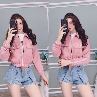 Áo khoác nhung bố croptop viền tay khoen túi