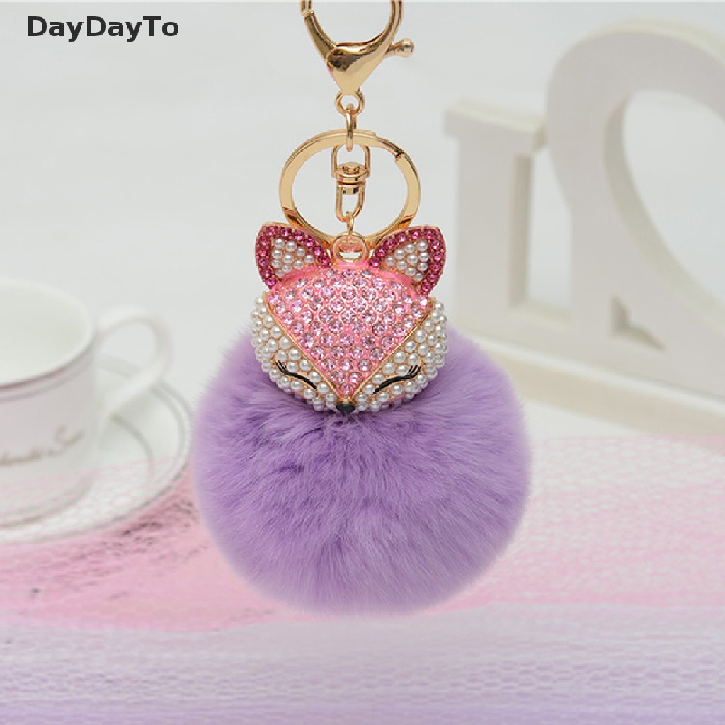 Móc Khóa Hình Cáo Có Quả Cầu Lông Xù Đính Đá Dễ Thương