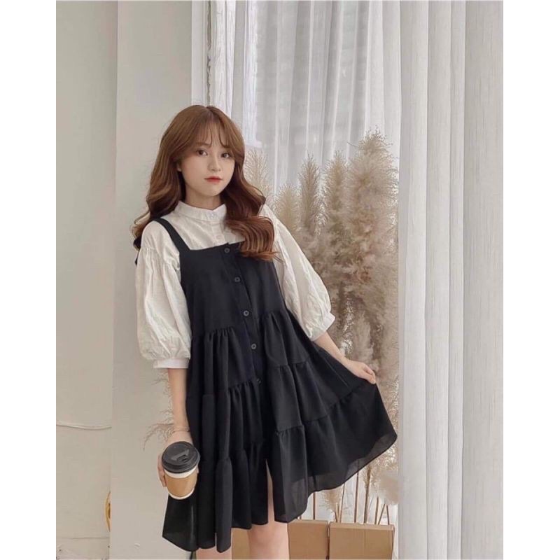 Đầm yếm nữ đen kèm áo tay phồng chất đũi cực mát TK63FS