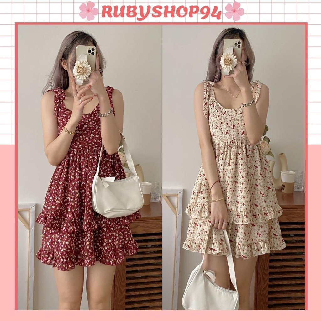 Váy 2 dây hoa nhí tiểu thư vintage dáng ngắn đi chơi đi biển cực xinh