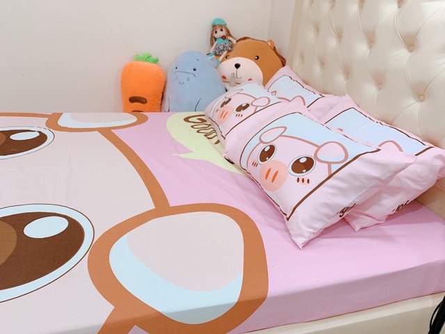 Bộ Ga Gối Cotton Poly 5D - Lợn Hồng