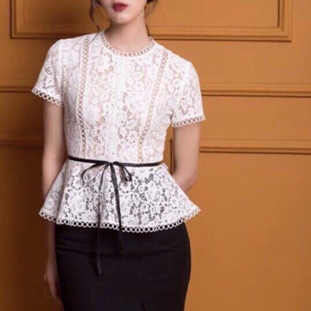 ( kèm ảnh thật ) Áo cộc tay ren đai belt gấu xoè cổ tròn Chuẩn quảng châu