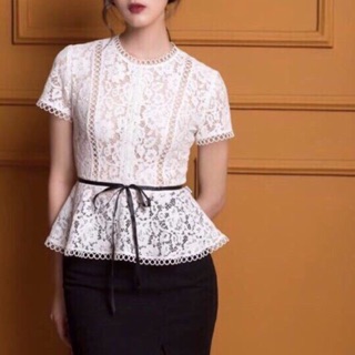( kèm ảnh thật )  Áo cộc tay ren đai belt gấu xoè cổ tròn Chuẩn quảng châu