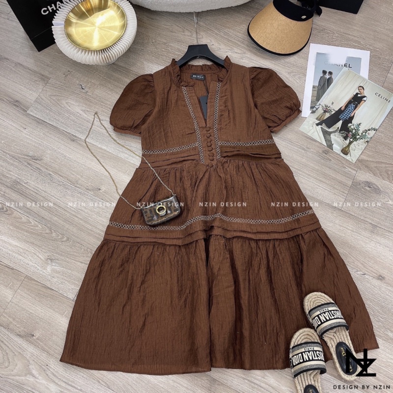 Váy đũi nhăn dáng xuông cúc bọc