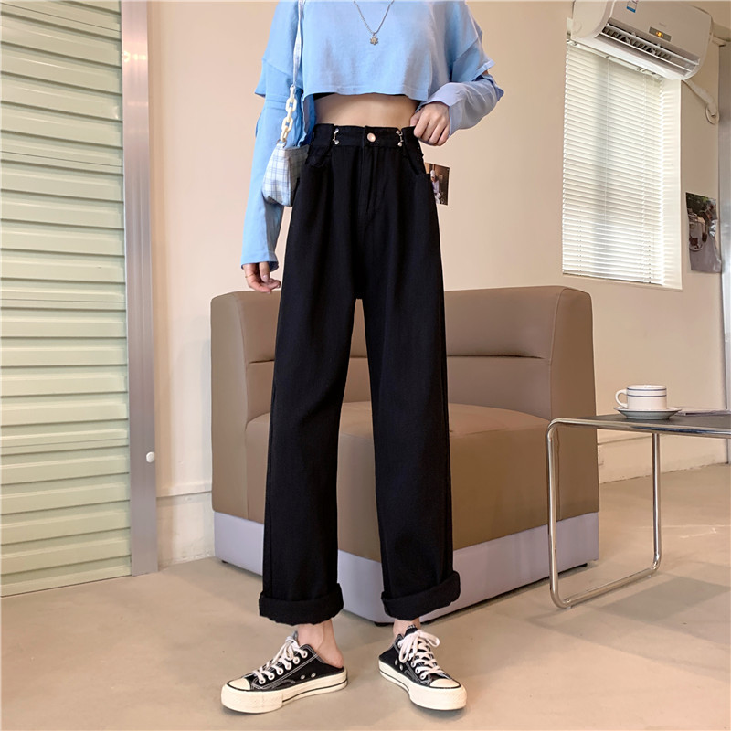 IELGY   Quần denim Dài Lưng Cao Dáng Rộng Màu Đen Phong Cách retro Đơn Giản Thời Trang Cho Nữ