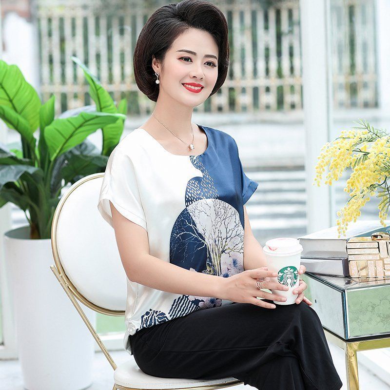 Áo Thun Ngắn Tay In Họa Tiết Phong Cách Châu Âu Thời Trang Mùa Hè Cho Nữ Trung Niên