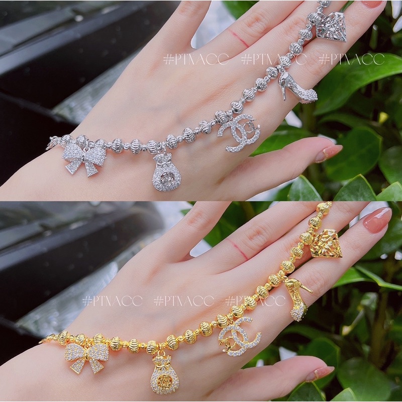 Lắc tay bi xi bạch kim, xi mạ vàng phối charm tòn ten thương hiệu đính đá cao cấp .PTNACC.
