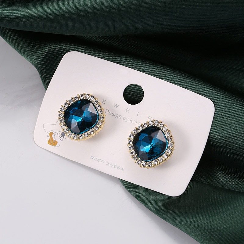 Khuyên Tai Hình Vuông Đính Đá Pha Lê Xanh Dương Đơn Giản Phong Cách Hàn Quốc