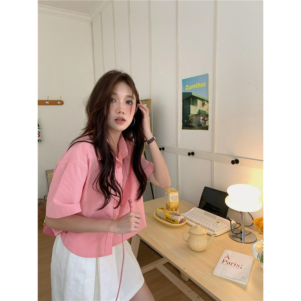 Hàng Mới Về Áo Sơ Mi Trơn Ngắn Tay Dáng Rộng Phong Cách Hàn Quốc Thời Trang Mùa Hè 6404