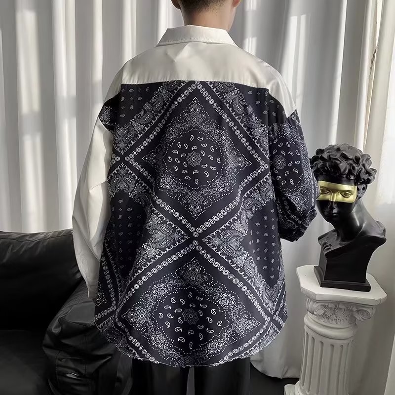 Áo Sơ Mi Tay Dài Dáng Rộng In Họa Tiết Kiểu Retro Nhật Hàn Thời Trang Cho Nam