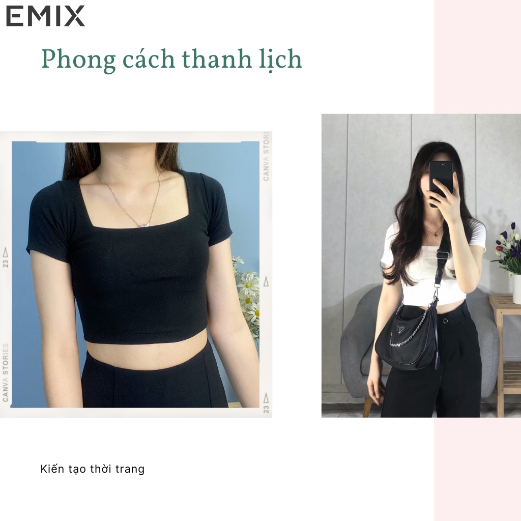 Áo thun croptop nữ EMIX (2 màu), dài 40cm, ngắn tay, cổ vuông, ôm eo, chất díp co giãn, mềm mát, tôn dáng