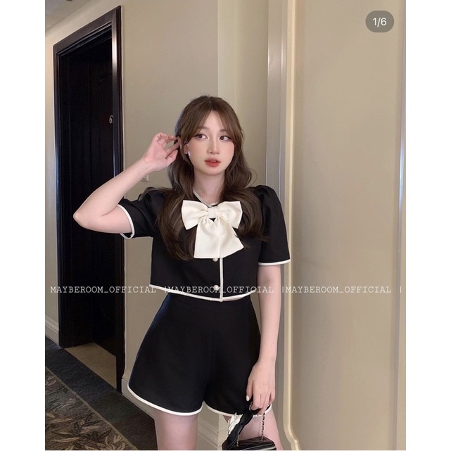 SET ÁO CỔ TIM PHỐI NƠ BẢN TO NGỰC + SHORT